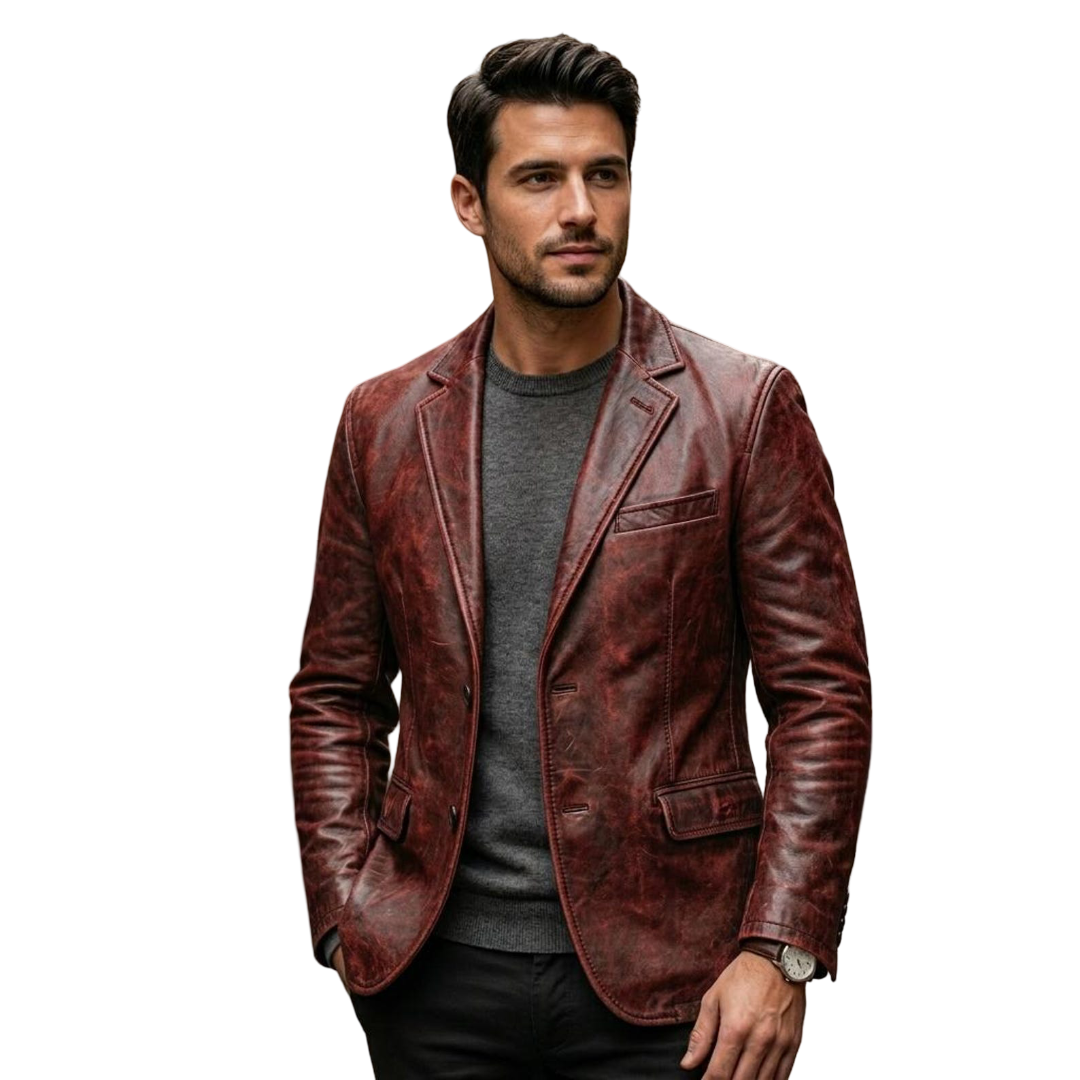 Front view of men distressed red leather blazer slim fit vintage style