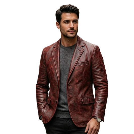 Front view of men distressed red leather blazer slim fit vintage style