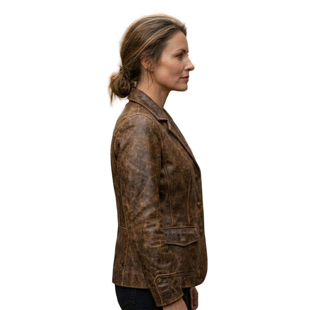 Side profile of slim fit distressed brown leather blazer