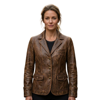 Front view of women distressed brown leather blazer with slim fit design