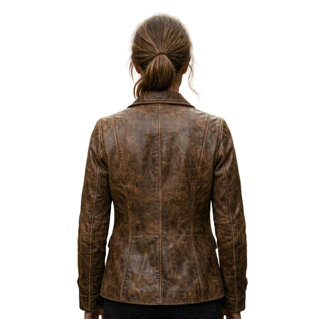 Back view of vintage brown leather blazer for women