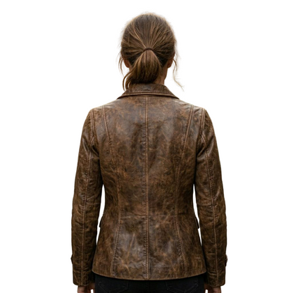 Back view of vintage brown leather blazer for women