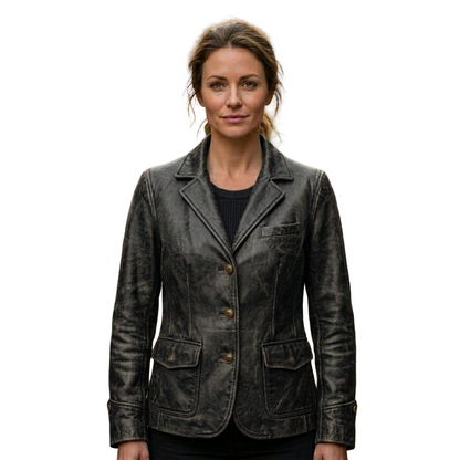 Front view of women distressed black leather blazer slim fit design
