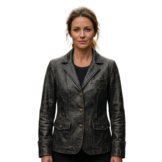 Front view of women distressed black leather blazer slim fit design