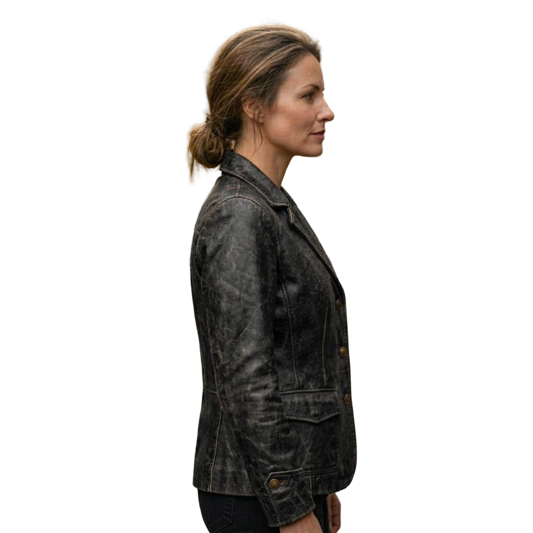 Side profile of slim fit distressed black leather blazer for women