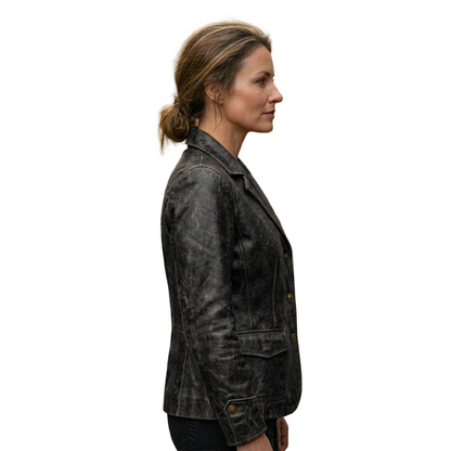 Side profile of slim fit distressed black leather blazer for women