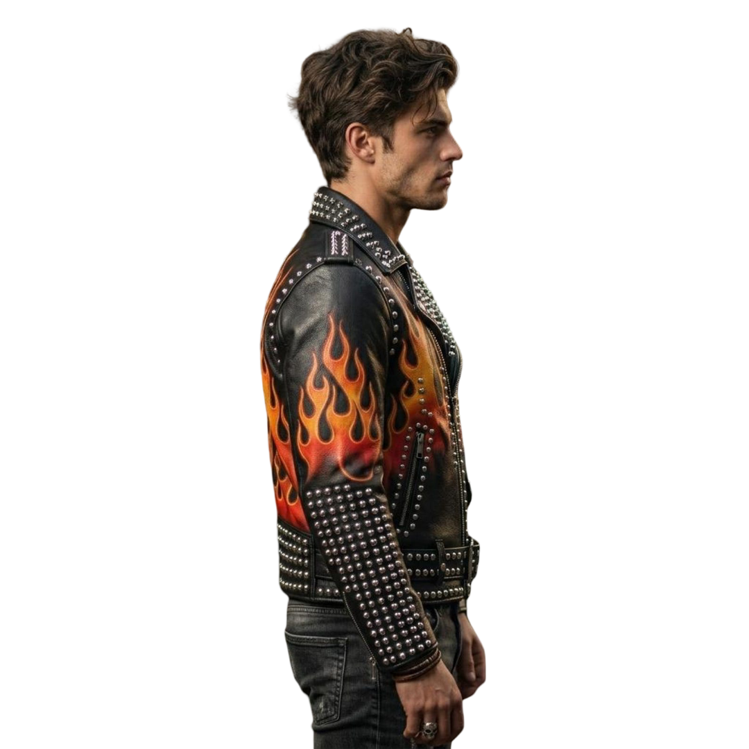 Side profile of men gothic moto leather biker jacket in black