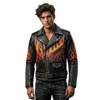 Front view of men black flame studded leather biker jacket with gothic moto design