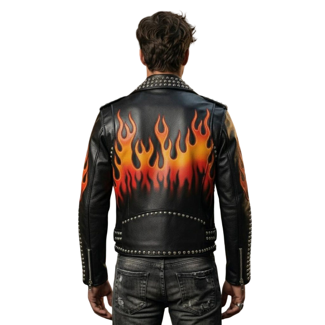 Back view of punk style flame studded black leather jacket for men