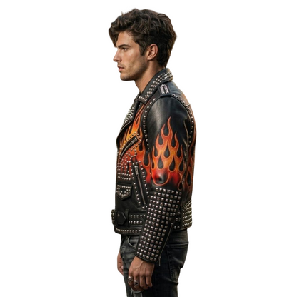 Side profile of men gothic moto leather biker jacket in black