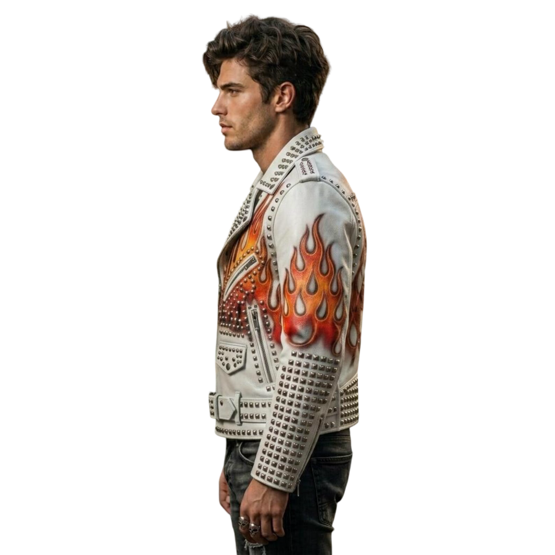 Side profile of white leather studded biker jacket for men