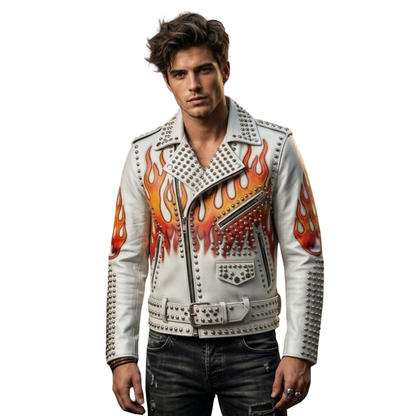 Front view of men white leather flame studded biker jacket with metal stud detailing