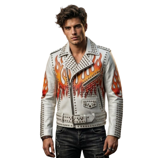 Front view of men white leather flame studded biker jacket with metal stud detailing