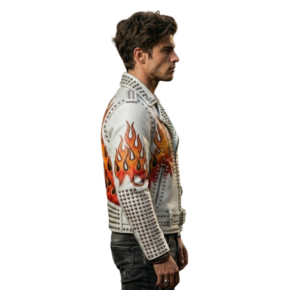 Side profile of white leather studded biker jacket for men