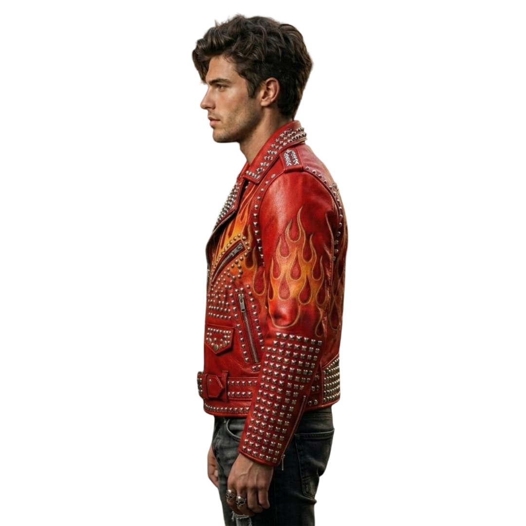  Side profile of men punk rock red flame moto jacket in genuine leather