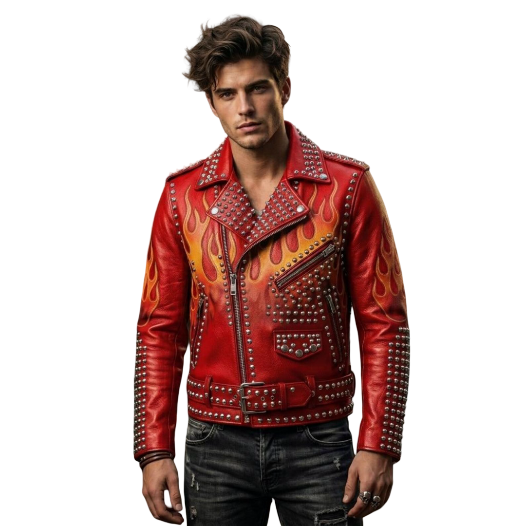 Front view of men red flame studded leather moto jacket with bold flame design