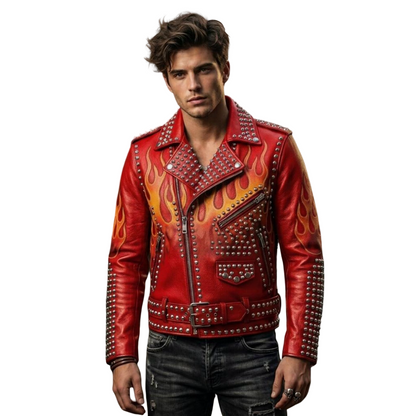 Front view of men red flame studded leather moto jacket with bold flame design