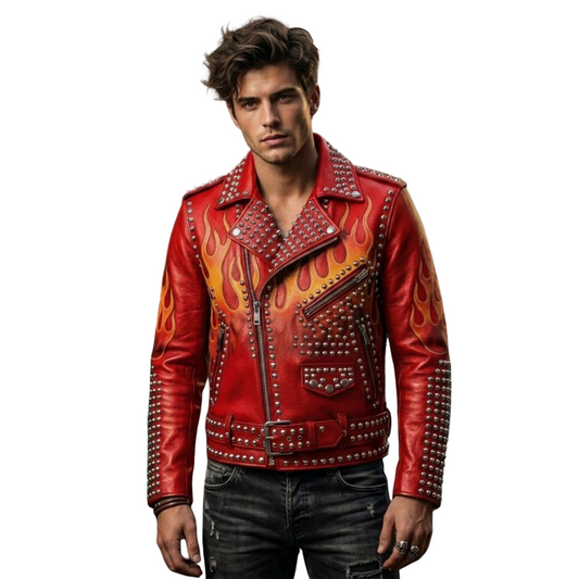 Front view of men red flame studded leather moto jacket with bold flame design