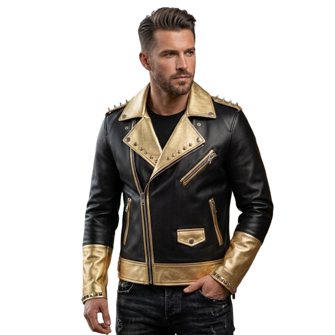 Front view of men black gold leather biker jacket with spiked detailing