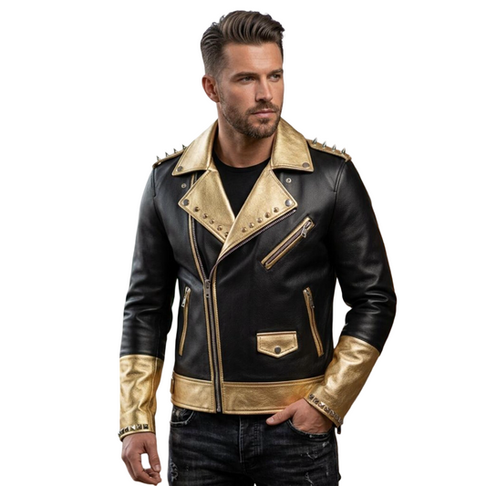 Front view of men black gold leather biker jacket with spiked detailing
