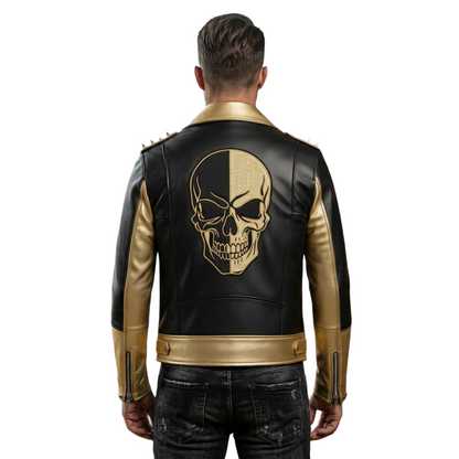 Back view showing skull patch on black gold leather biker jacket