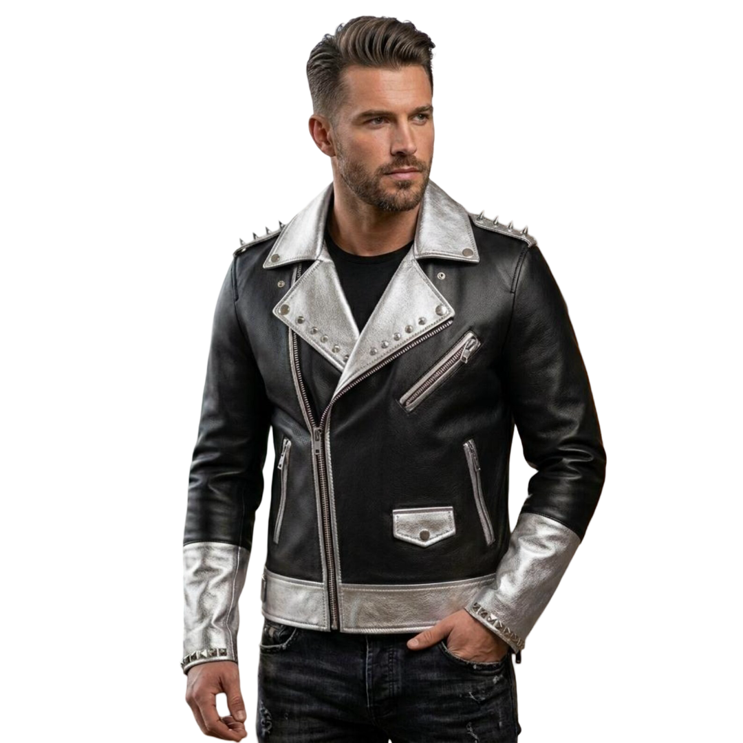 Front view of men black and silver leather biker jacket with spiked detailing
