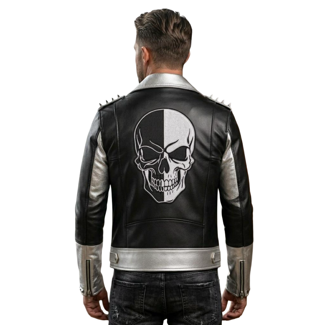  Back view showing skull patch on black and silver leather biker jacket