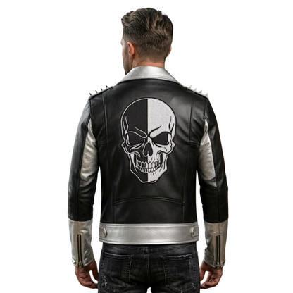  Back view showing skull patch on black and silver leather biker jacket