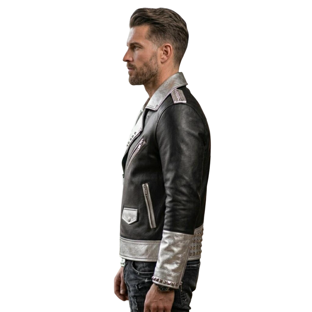 Side profile of men spiked black and silver motorcycle leather jacket