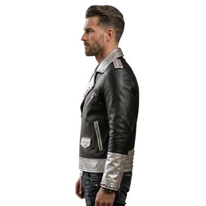 Side profile of men spiked black and silver motorcycle leather jacket