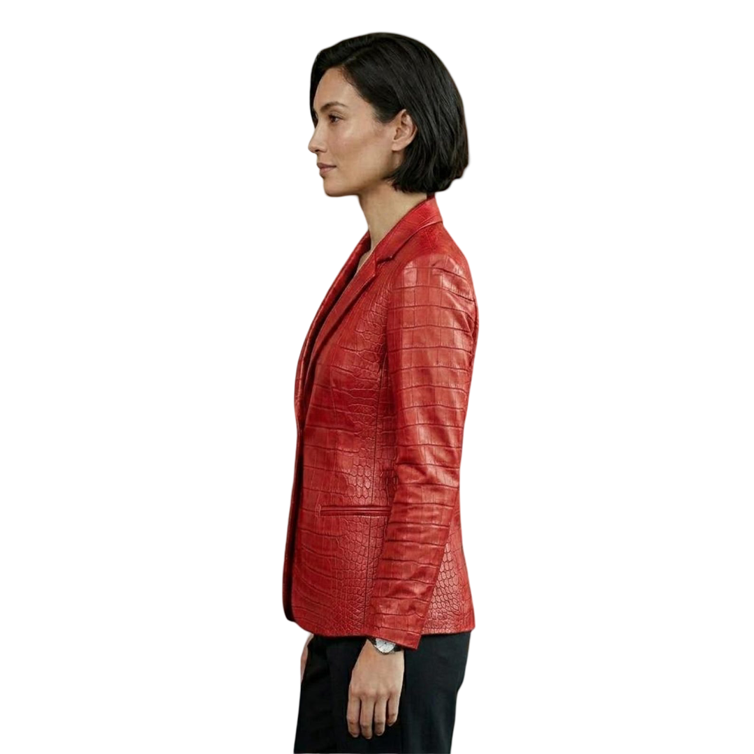 Side profile of luxury red crocodile leather blazer for women