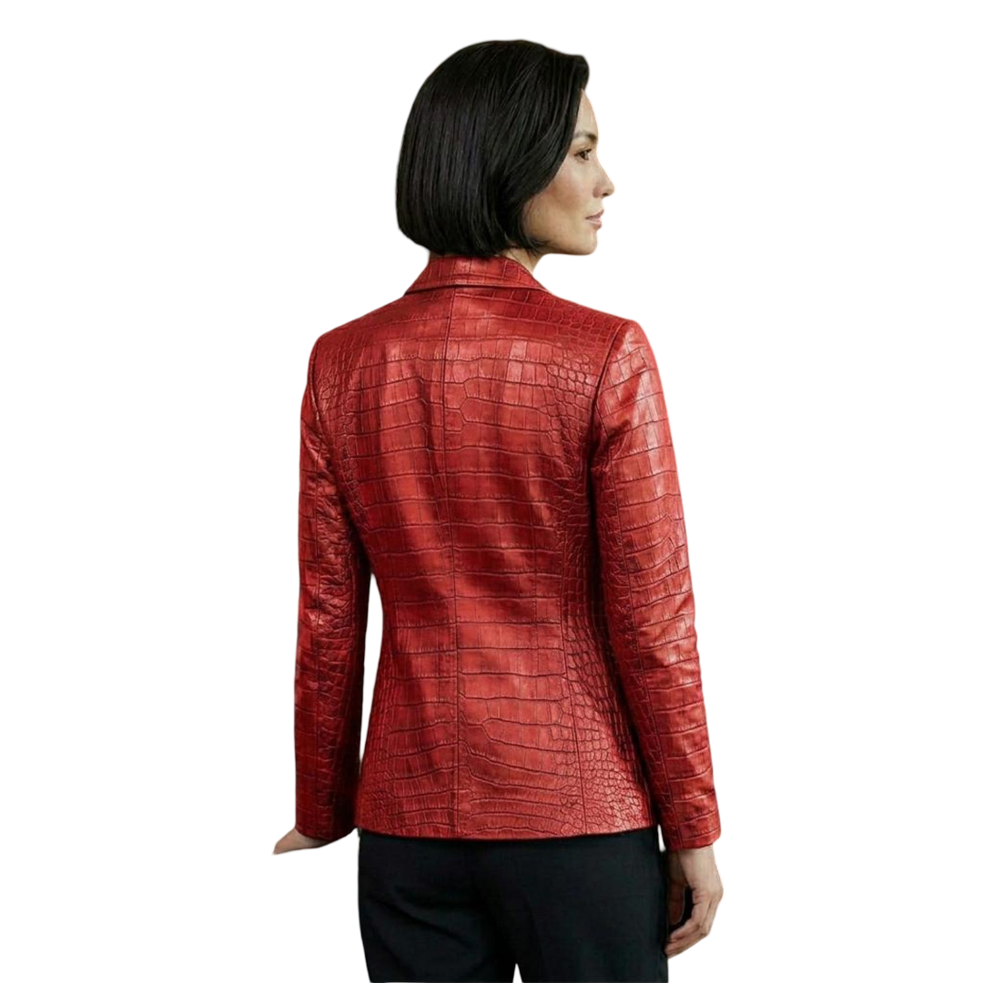 Back view of tailored red crocodile leather jacket for women