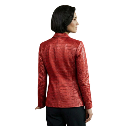 Back view of tailored red crocodile leather jacket for women