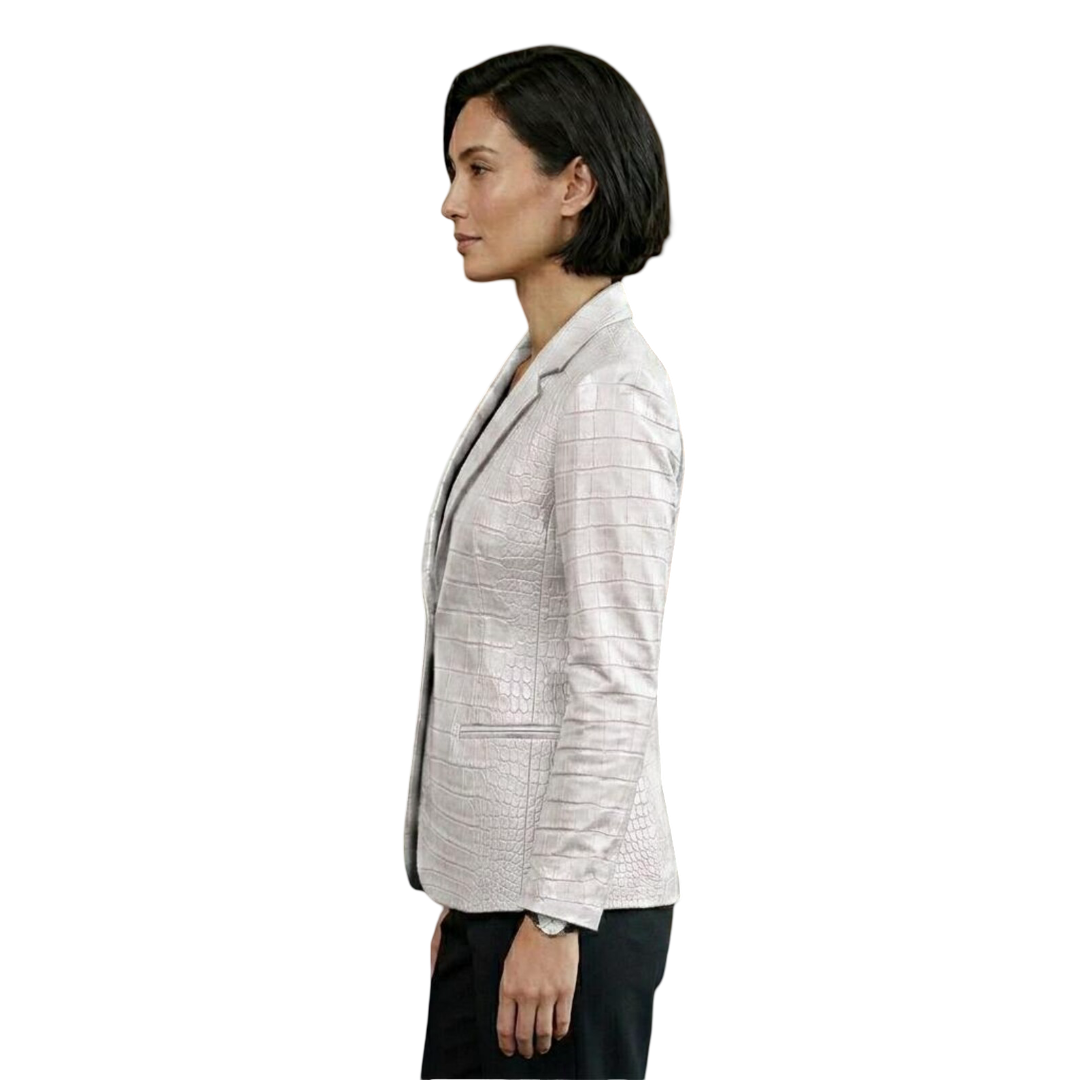 Side profile of luxury women white crocodile leather blazer jacket