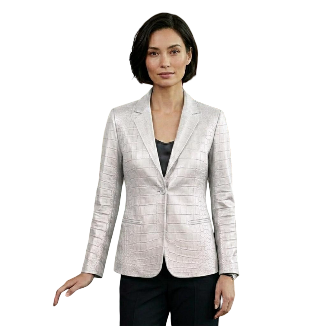 Front view of women white crocodile leather blazer jacket with tailored fit