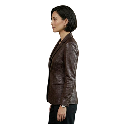  Side angle of luxury women brown crocodile leather jacket