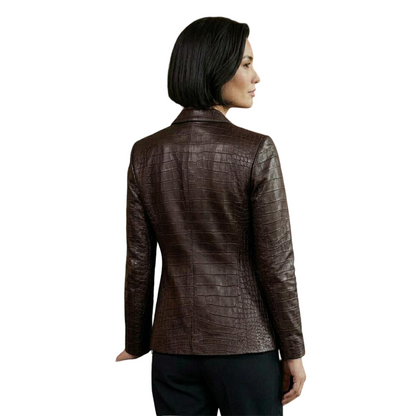 Back view of women brown crocodile leather blazer