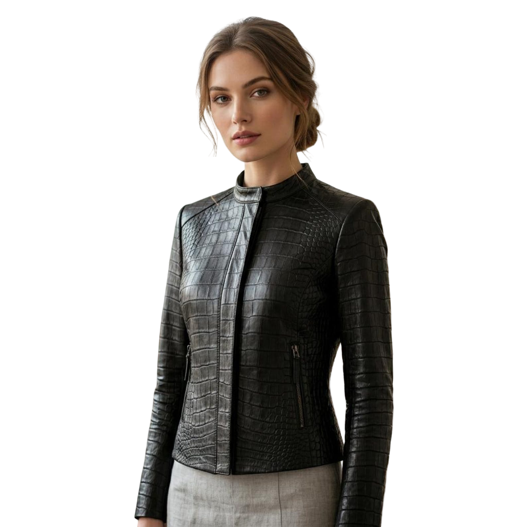 Front view of women black crocodile leather biker jacket with glossy texture