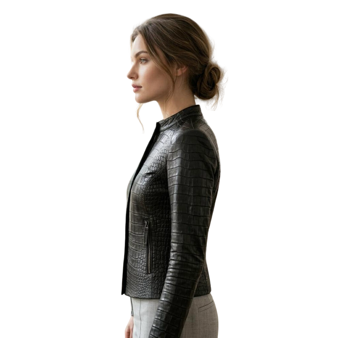  Side profile of luxury black croc moto leather jacket for women