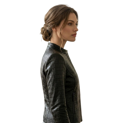  Side profile of luxury black croc moto leather jacket for women