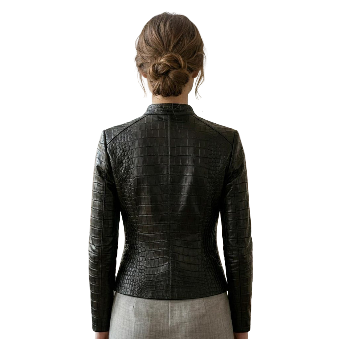 Back view of black crocodile embossed leather jacket for women