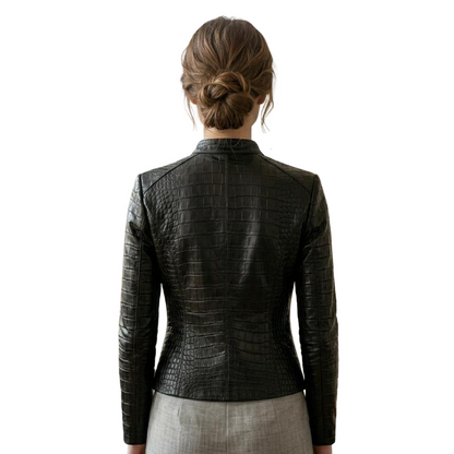 Back view of black crocodile embossed leather jacket for women
