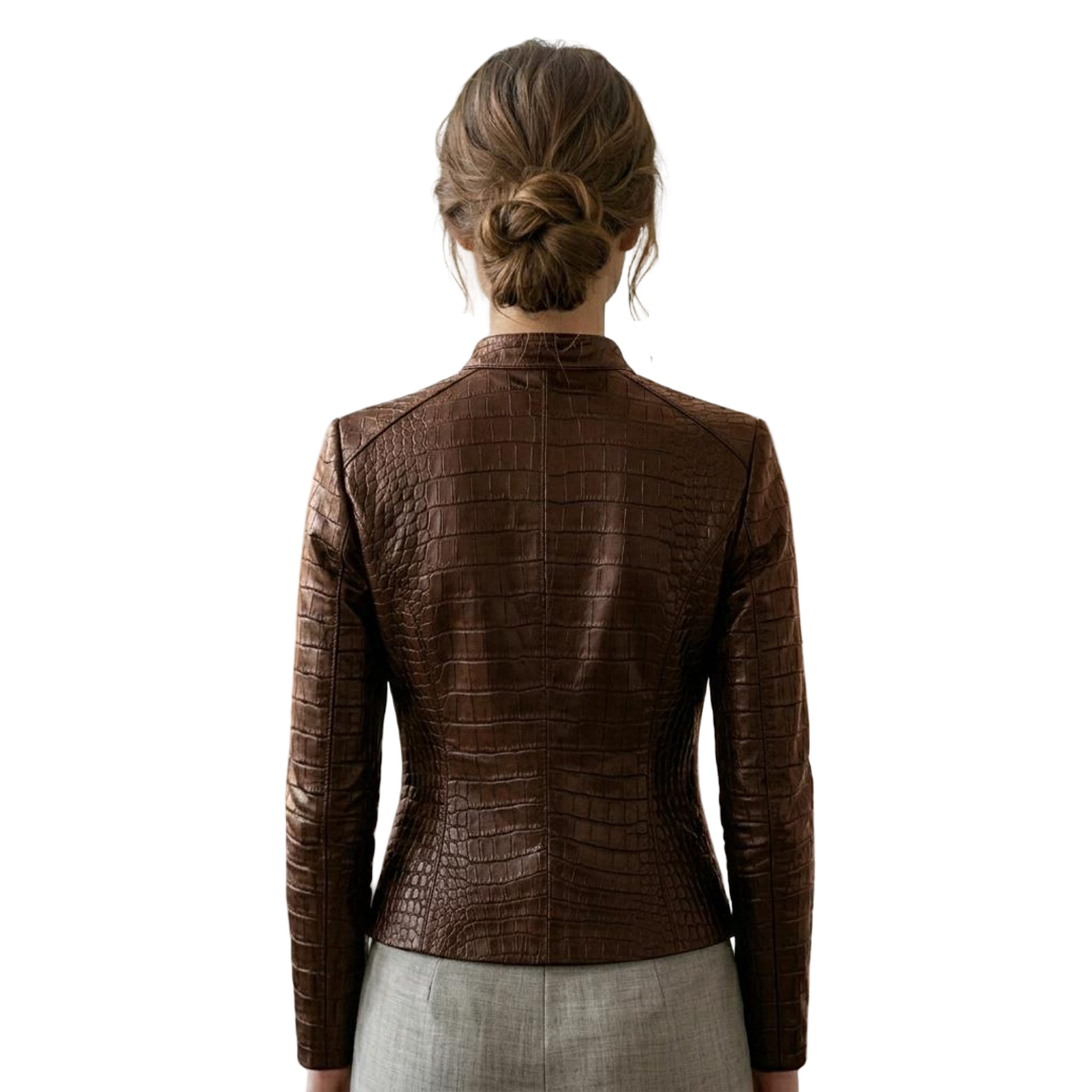 Back view of women brown crocodile leather biker jacket showing tailored cut