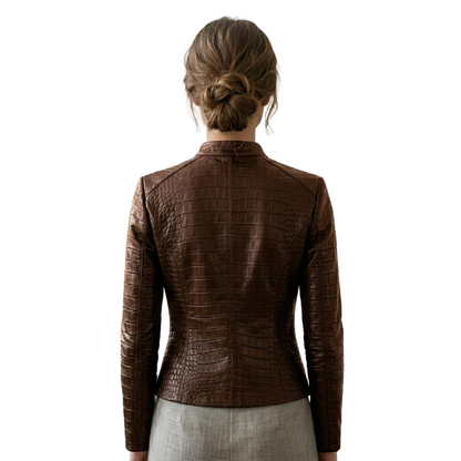 Back view of women brown crocodile leather biker jacket showing tailored cut