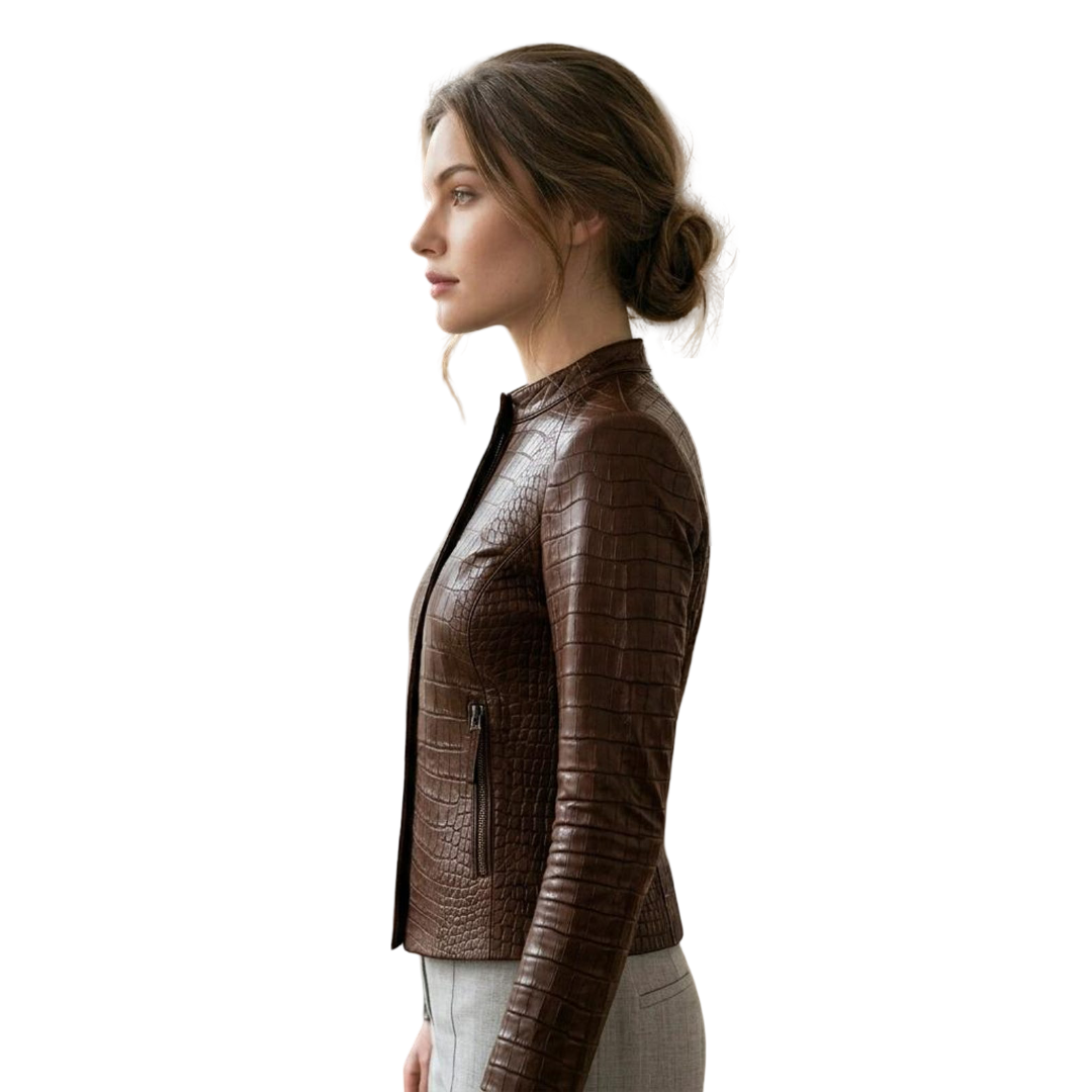 Side profile of luxury brown crocodile leather moto jacket for women