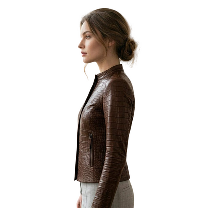 Side profile of luxury brown crocodile leather moto jacket for women