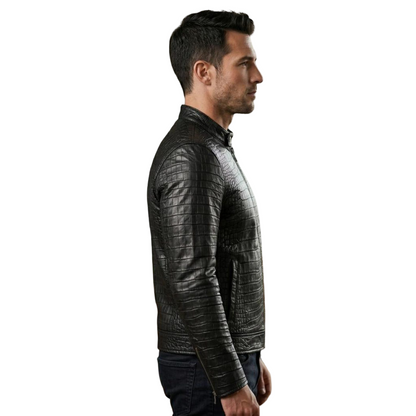 Side profile of black crocodile texture leather motorcycle coat for men