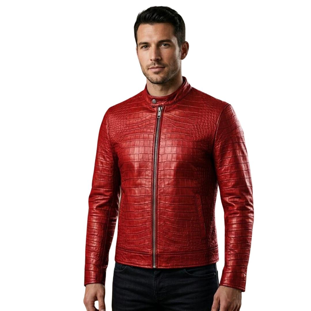 Front view of men red crocodile leather biker jacket with textured finish