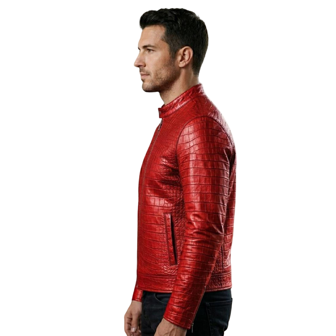 Side angle of luxury red leather motorcycle coat for men