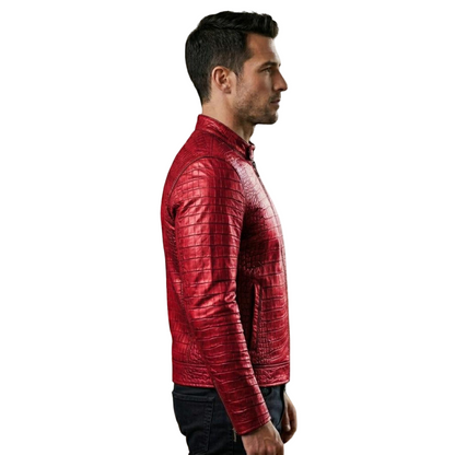 Side angle of luxury red leather motorcycle coat for men